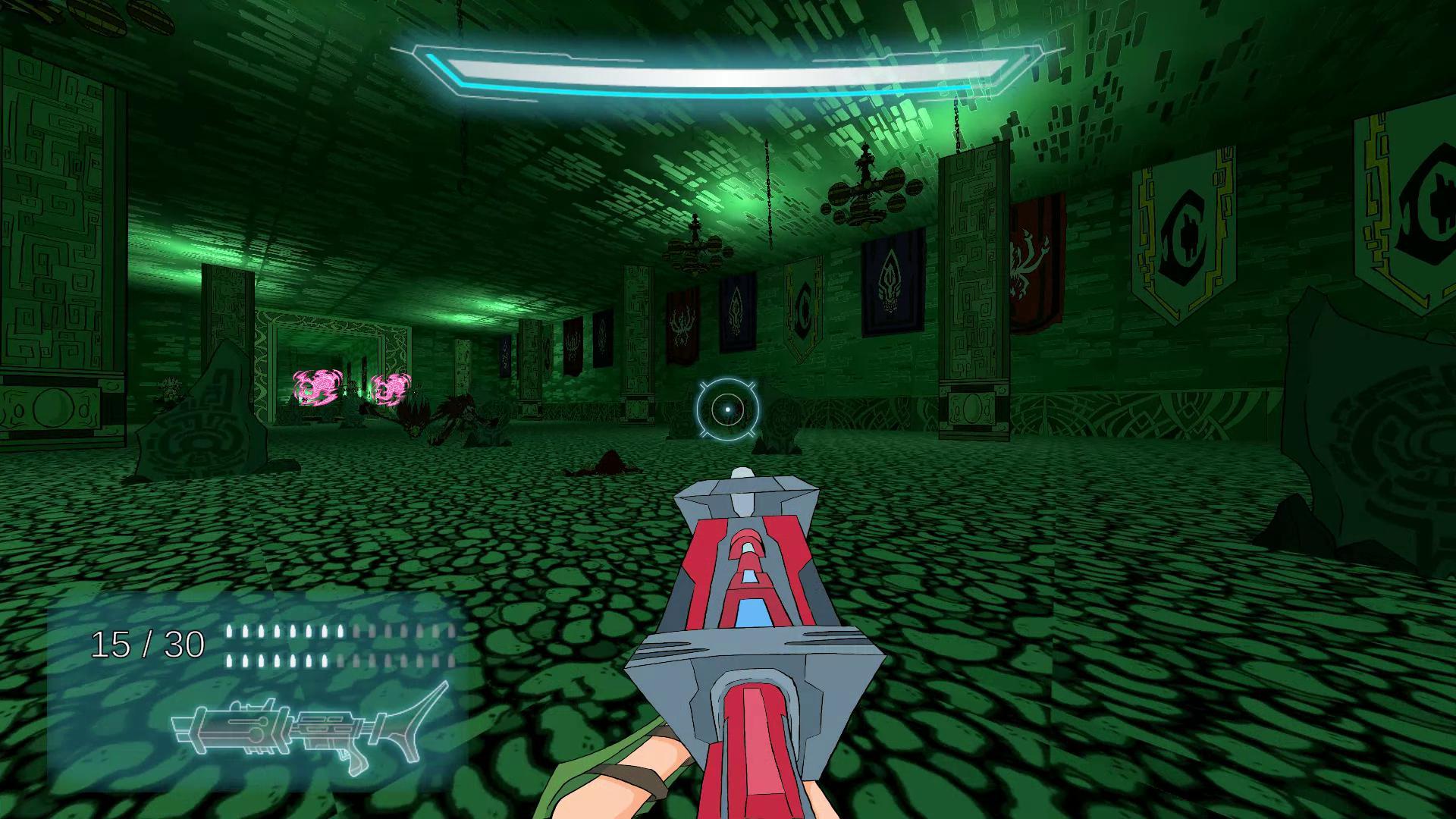 the player character holds a red machine gun while aliens shoot purple projectiles at her
